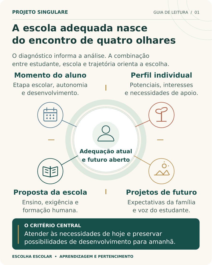 Adequação escolar é um encontro entre quatro dimensões. Um diagnóstico não escolhe a escola. A combinação dessas dimensões precisa ser examinada e revista ao longo da trajetória.