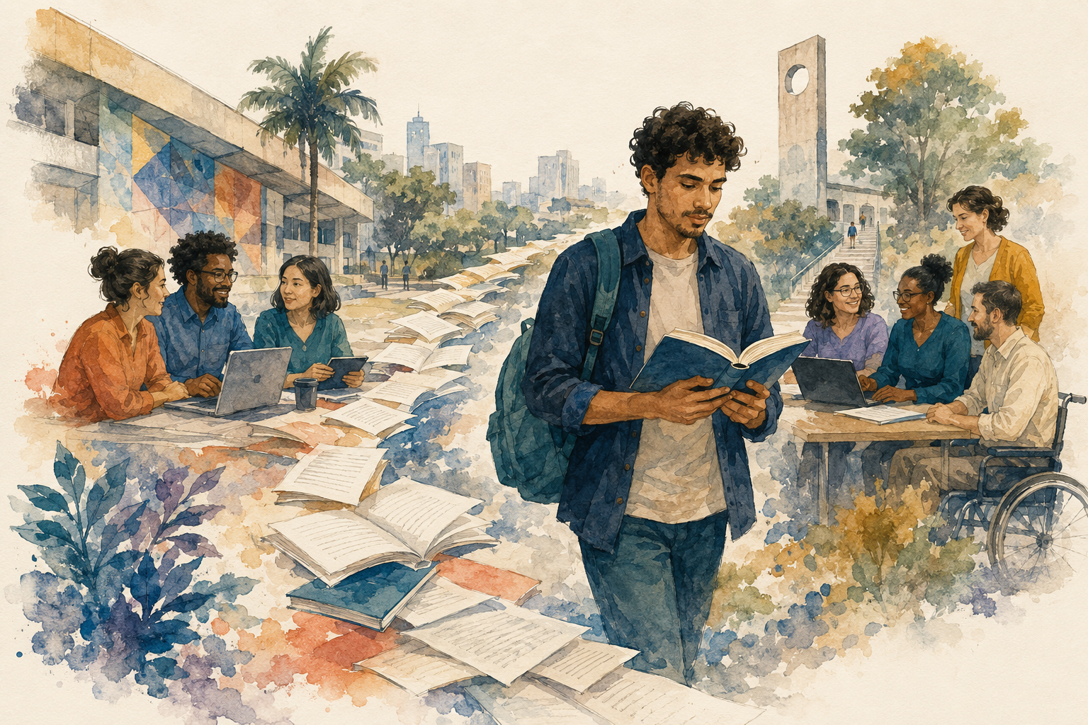 Ilustração em aquarela de estudante universitária adulta atravessando um caminho formado por páginas, em ambiente acadêmico inclusivo