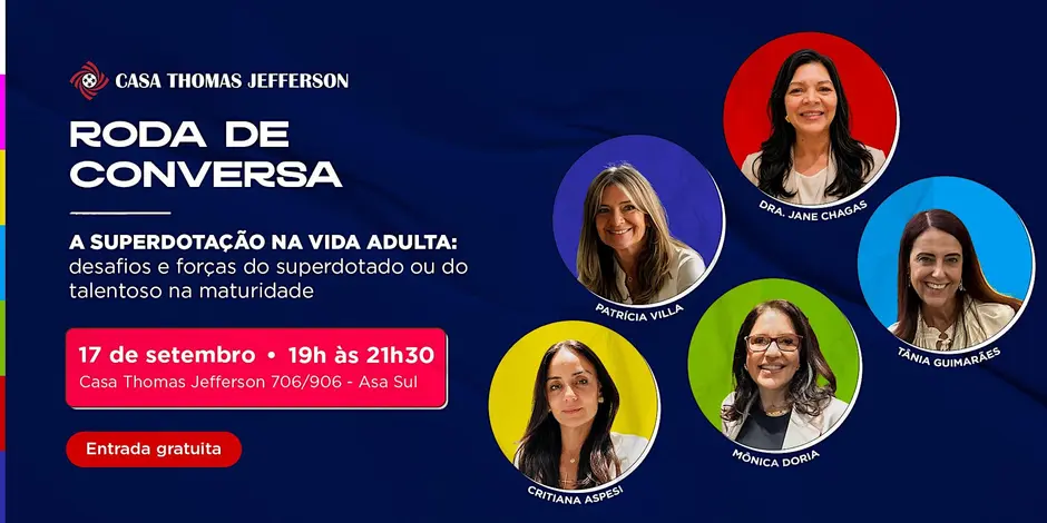 Cartaz oficial da roda de conversa A superdotação na vida adulta, da Casa Thomas Jefferson