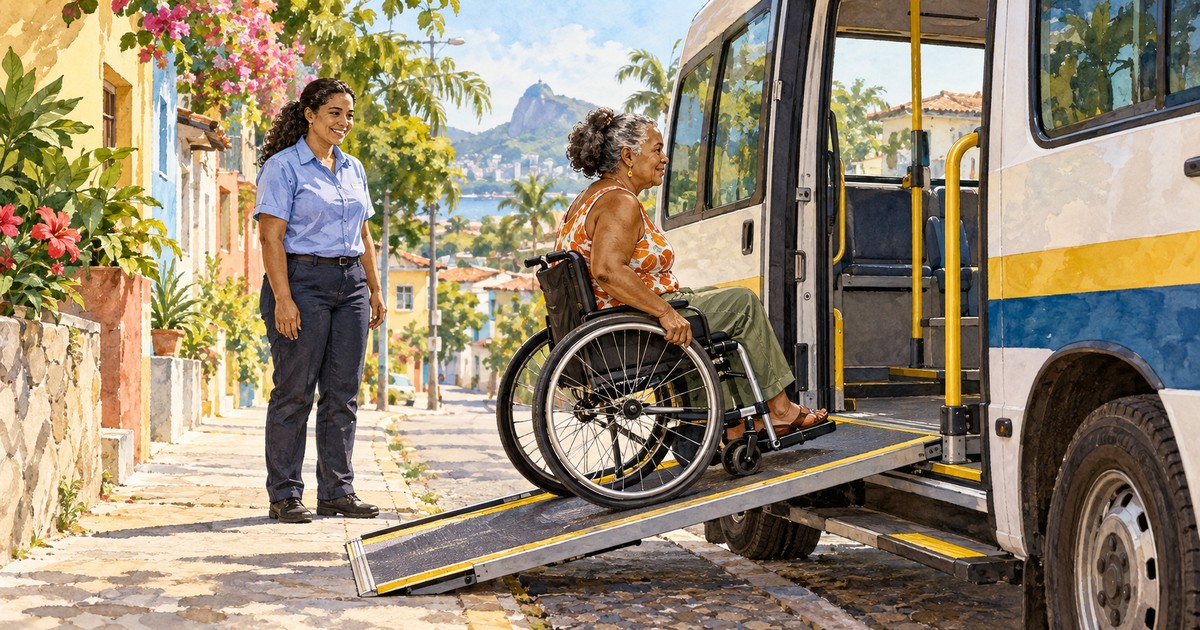 Mulher idosa em cadeira de rodas embarca pela rampa de um micro-ônibus acessível com motorista por perto.