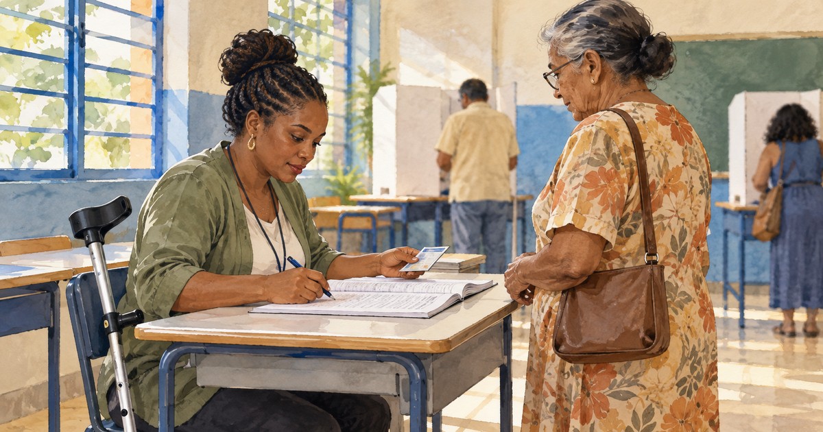 Mesária negra com muleta ao lado da cadeira atende eleitor idoso em local de votação.
