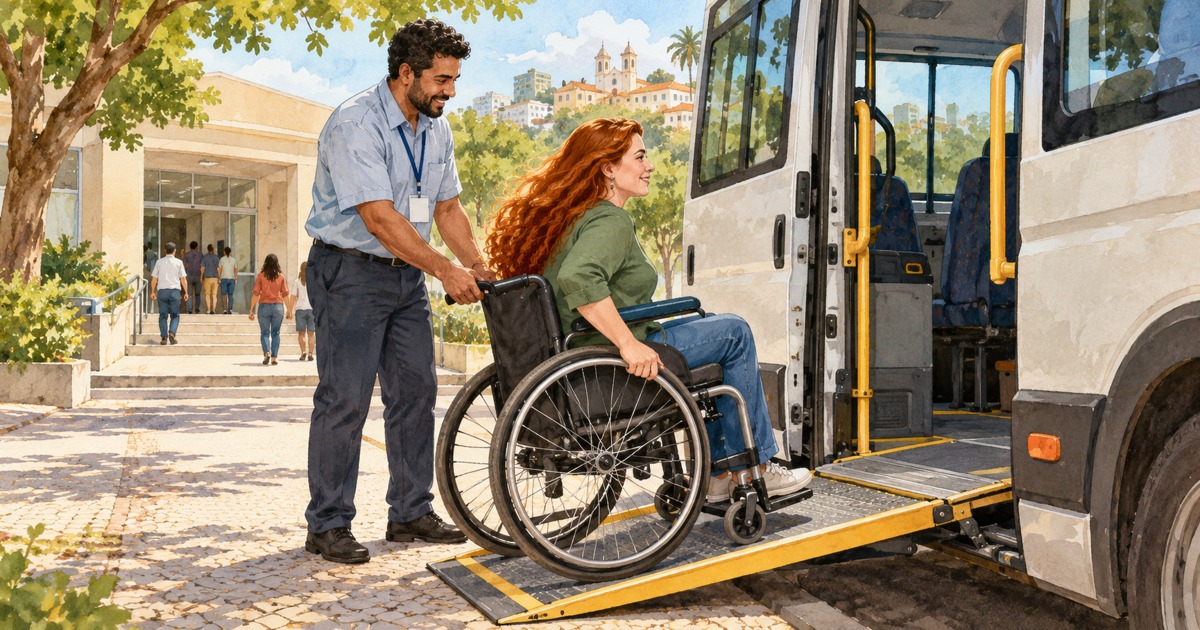 Mulher ruiva em cadeira de rodas acessa um micro-ônibus por rampa com apoio de um profissional, em aquarela.