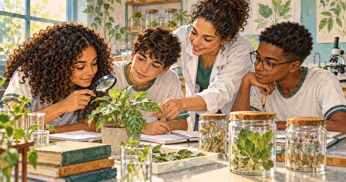 Três adolescentes e uma professora investigam plantas em laboratório escolar, em aquarela.
