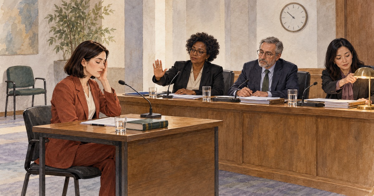 Ilustração de candidata adulta com sinais de sobrecarga sensorial diante de três examinadores em uma prova oral; uma examinadora sinaliza uma pausa.