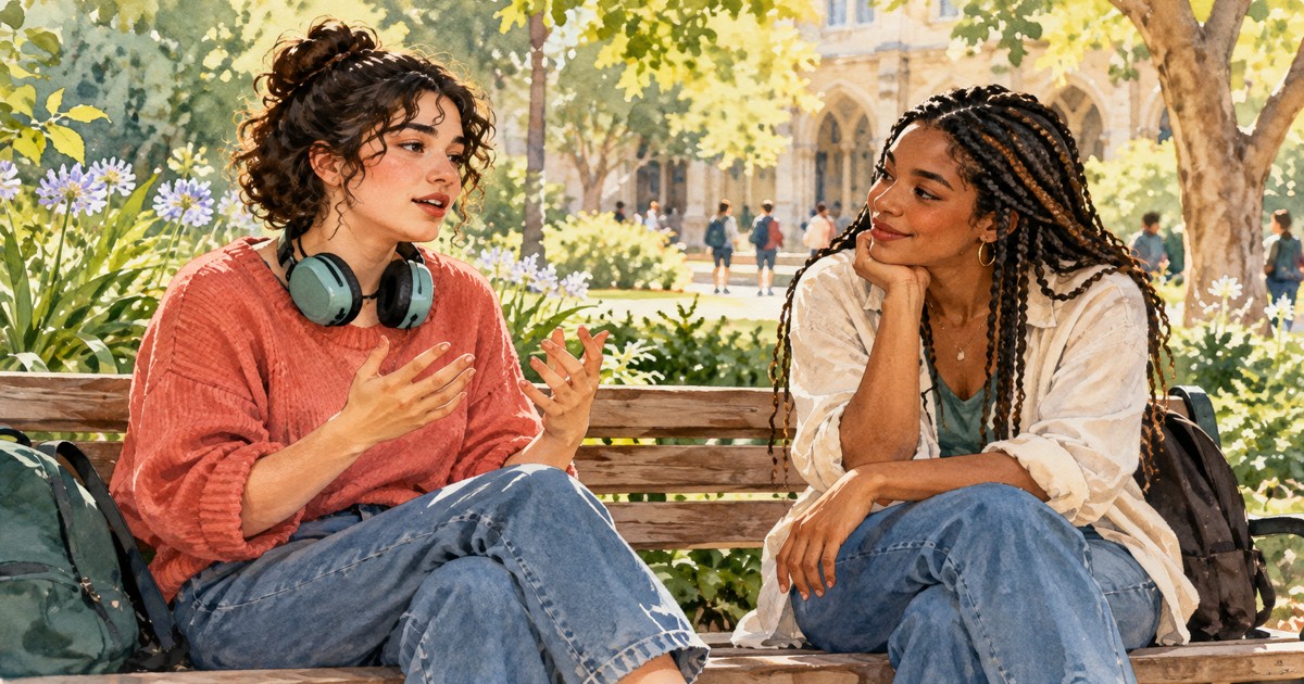 Duas jovens adultas conversam com tranquilidade em jardim universitário; uma delas tem abafadores de ruído no pescoço, em aquarela.