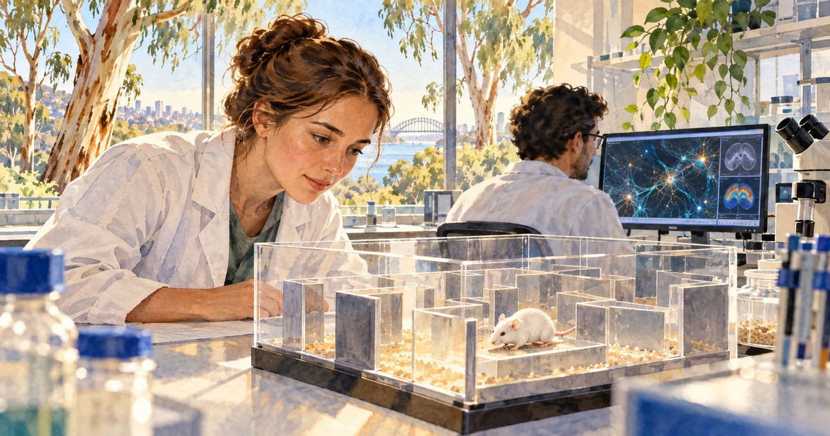 Pesquisadora observa um camundongo em labirinto experimental em laboratório com colega e monitor ao fundo, em aquarela.
