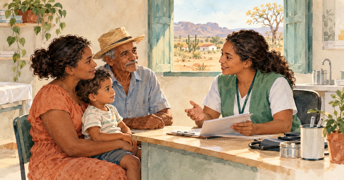 Família conversa com uma profissional de saúde em unidade no interior do Ceará, em aquarela.