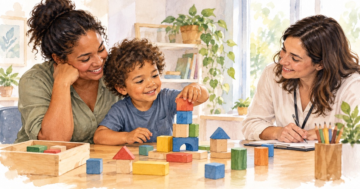Criança acompanhada da família conversa com profissional em ambiente acolhedor de avaliação.