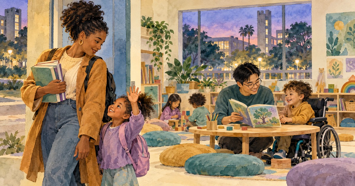 Mãe e filha se despedem em espaço de cuidado infantil universitário, enquanto educador lê com uma criança em cadeira de rodas, em aquarela.
