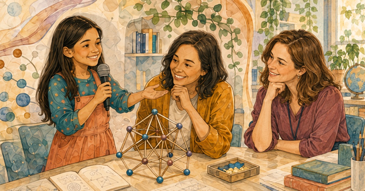 Em aquarela, as personagens da menina de blusa azul-petróleo e jardineira coral e da mãe de blusa mostarda retomam a cena da arte principal do Singulare, acompanhadas por uma professora branca de cabelos castanhos. A menina segura um microfone e apresenta uma construção geométrica.