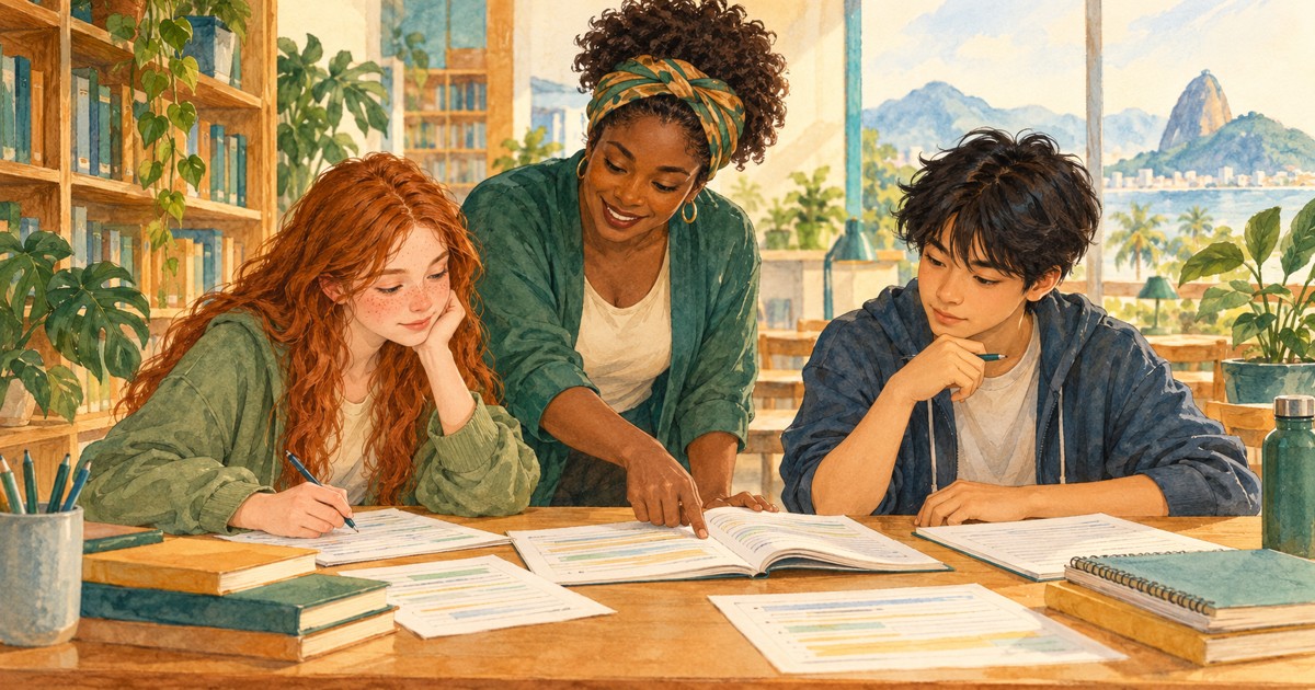 Adolescentes estudam com uma professora em uma biblioteca tranquila, em aquarela.