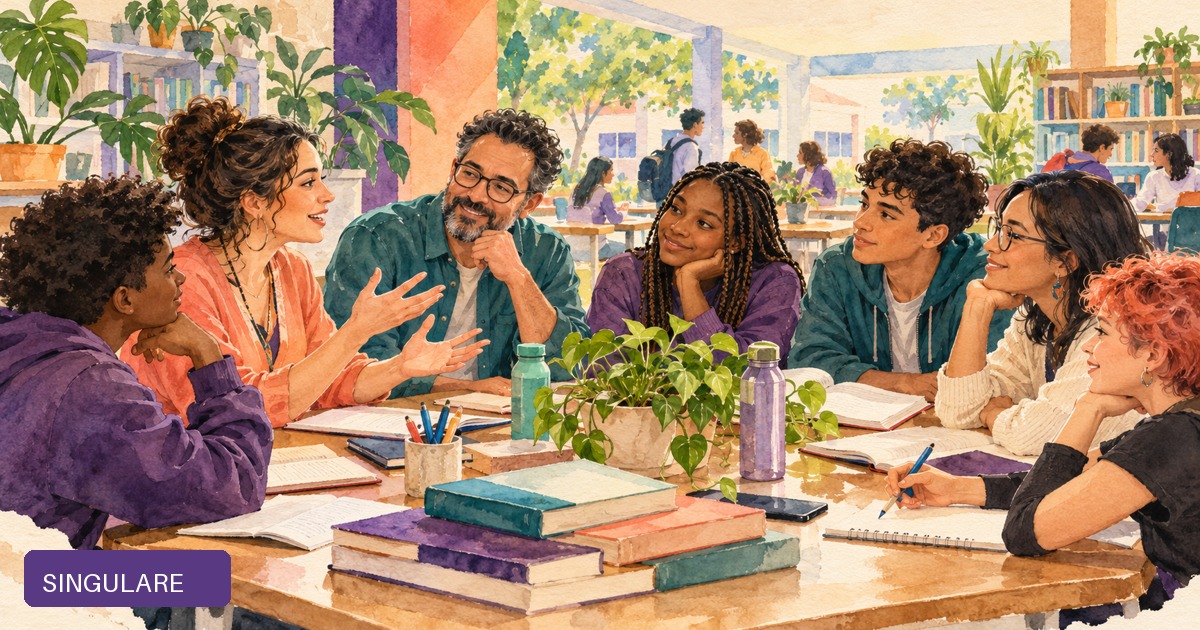 Professores e estudantes diversos conversam em ambiente escolar acolhedor.