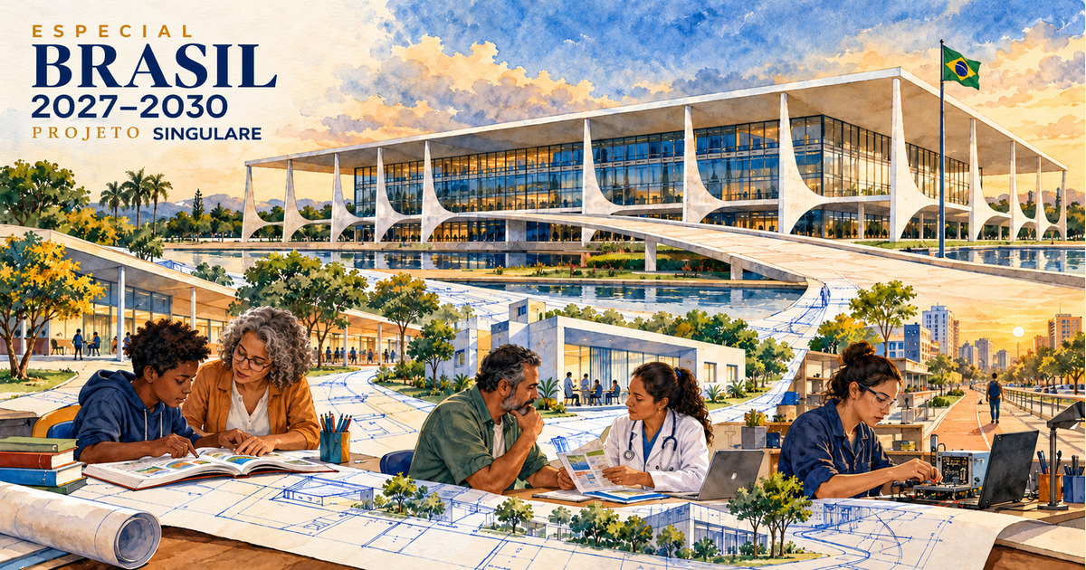 Aquarela editorial do Palácio do Planalto, cuja rampa se conecta a um plano público que se transforma em escola, cuidado em saúde, trabalho qualificado e vida na cidade. Selo Especial Brasil 2027–2030, Projeto Singulare.