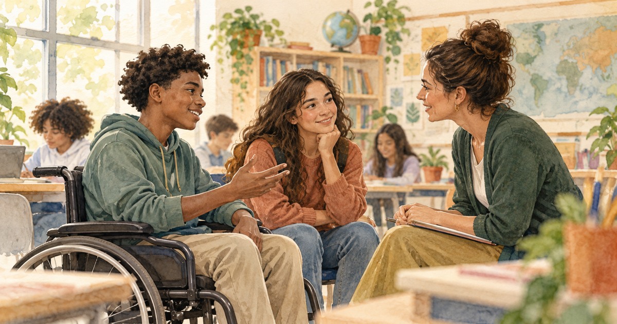 Estudantes conversam com uma professora em uma sala de aula inclusiva, em aquarela.