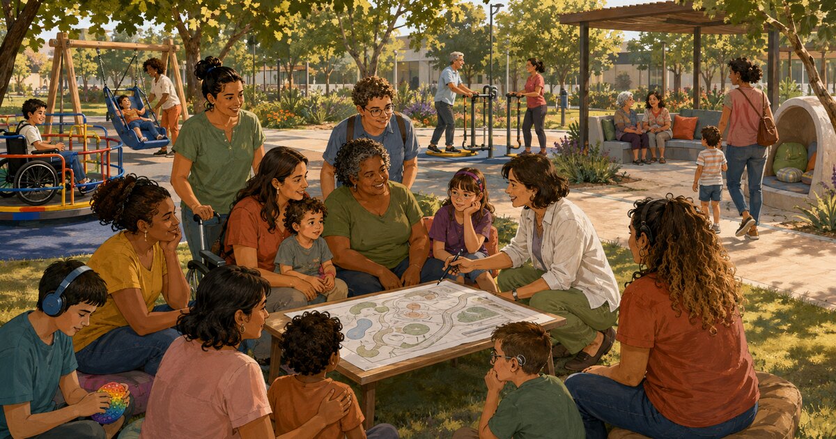 Ilustração editorial: Famílias de crianças autistas participam do desenho de parque inclusivo em Campinas