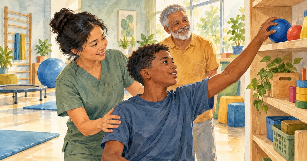 Terapeuta de ascendência asiática acompanha adolescente negro em atividade com objetos coloridos, enquanto um familiar observa, em aquarela.