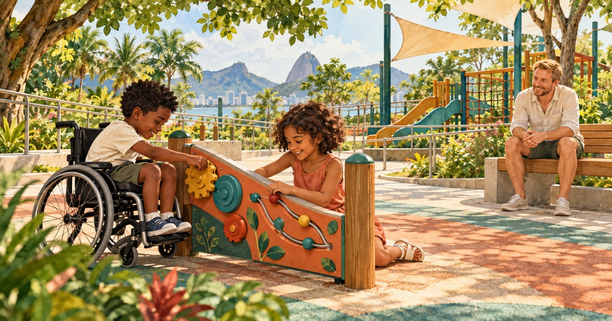 Criança em cadeira de rodas e menina brincam juntas em painel acessível de parque arborizado, em ilustração conceitual em aquarela.