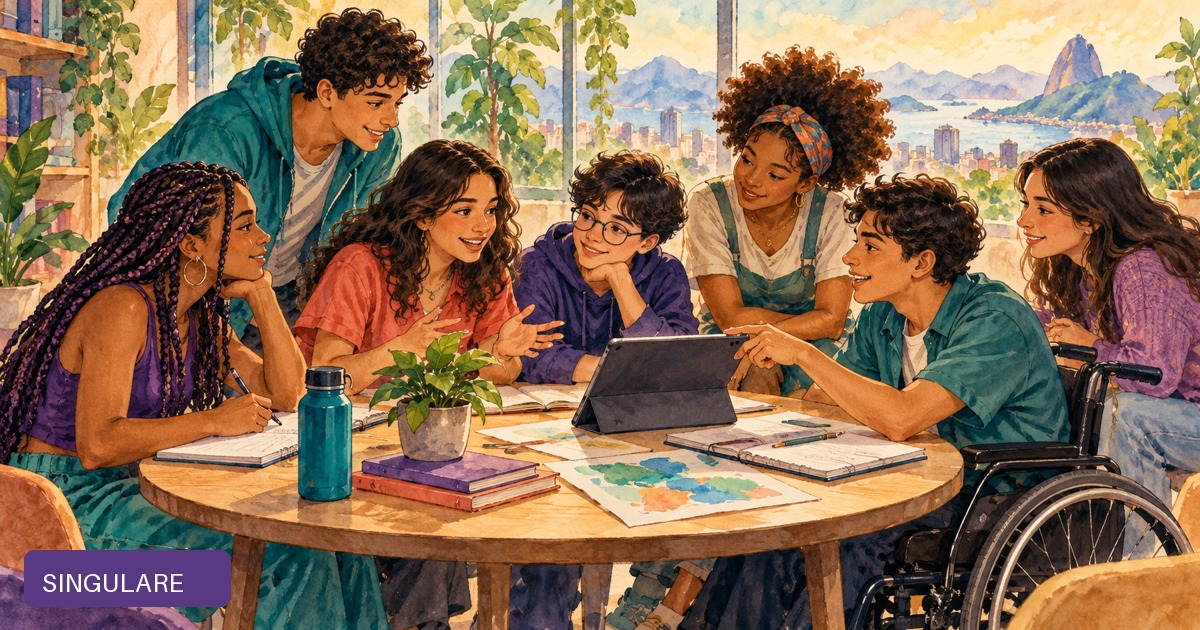 Jovens diversos, incluindo uma pessoa em cadeira de rodas, participam de conversa sobre inclusão.