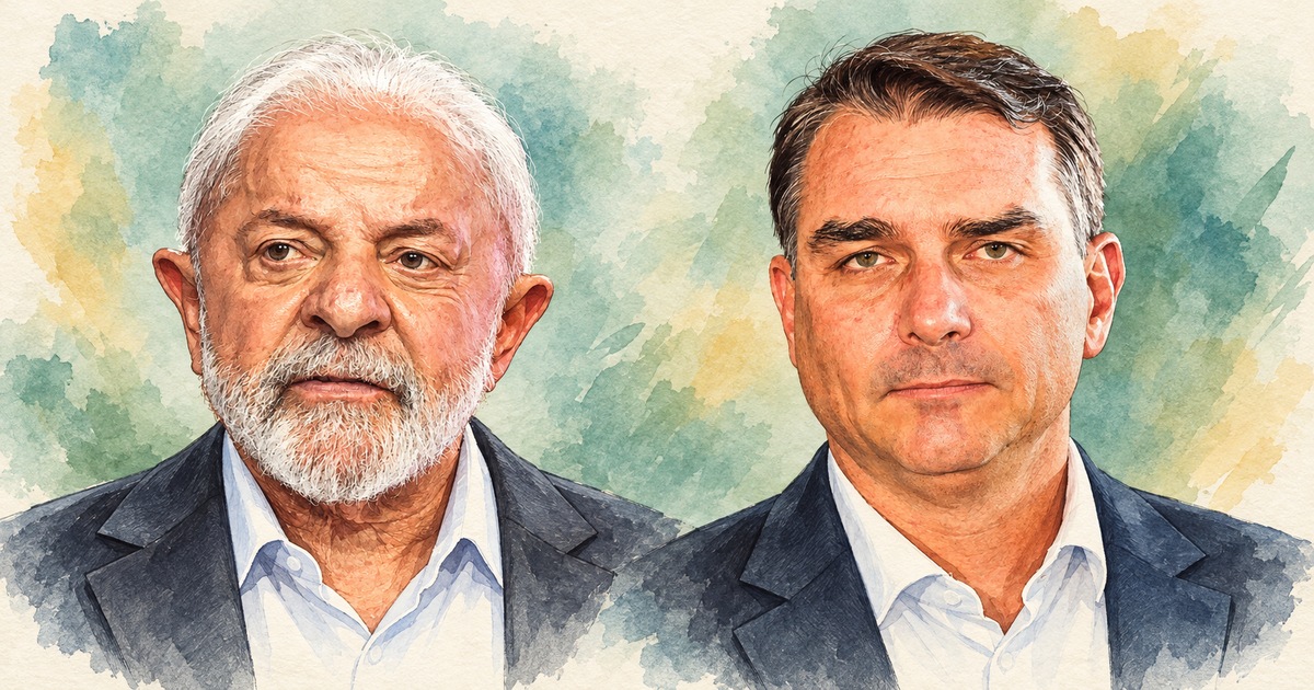 Caricaturas editoriais em aquarela de Lula, à esquerda, e Flávio Bolsonaro, à direita, com o mesmo destaque visual.