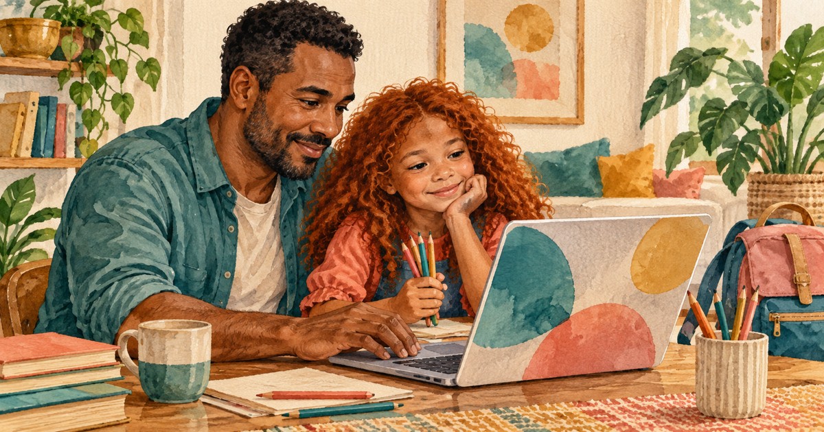 Pai e filha consultam um computador em casa, com lápis e mochila escolar sobre a mesa, em aquarela.
