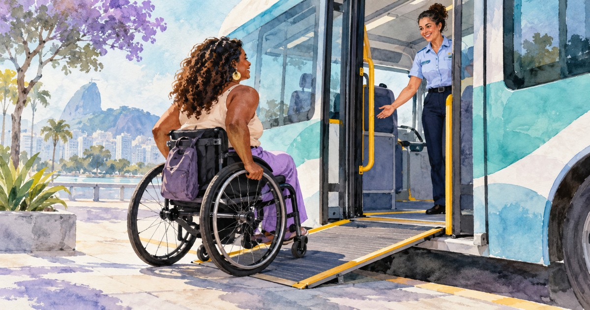 Mulher parda em cadeira de rodas utiliza rampa de veículo acessível com apoio de motorista.