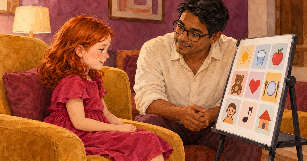 Ilustração em aquarela de menina ruiva que olha para uma prancha de comunicação, acompanhada pelo pai em casa.