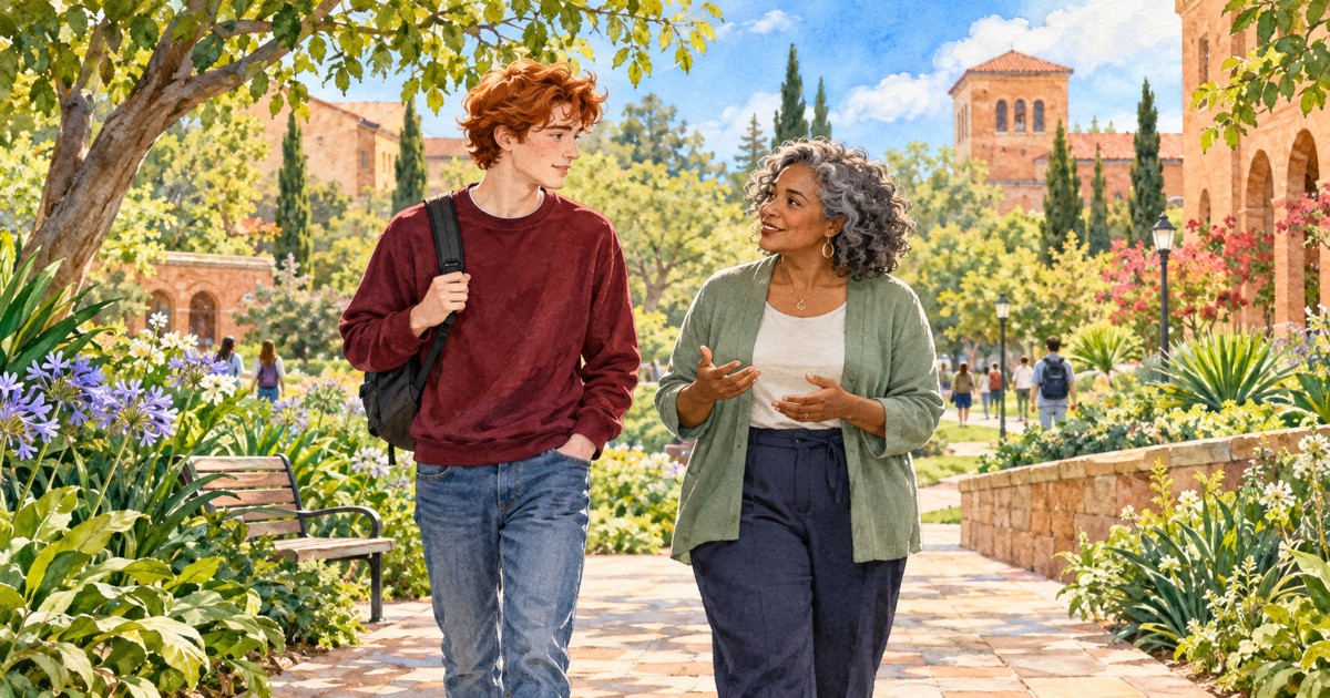 Jovem universitário ruivo caminha e conversa com uma profissional de apoio de cabelos grisalhos em jardim universitário, em aquarela.