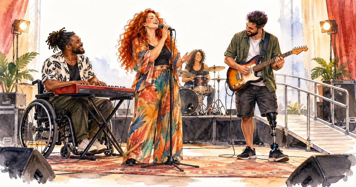 Cantora ruiva e músico negro em cadeira de rodas ensaiam em palco acessível.